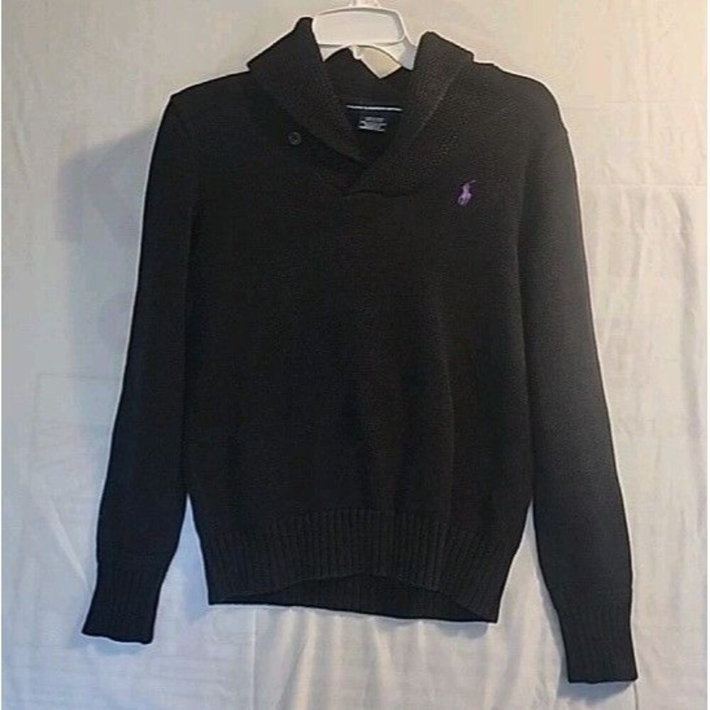 Ralph Lauren Sport Sweater Womens Large Black Knit Purple Pony Cowl Neck Ladies